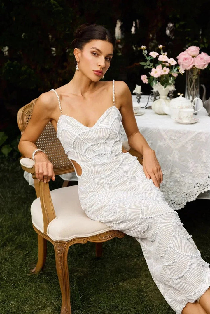 Women's White Beaded Scallop Knitted Midi Party Dress Cut-Out