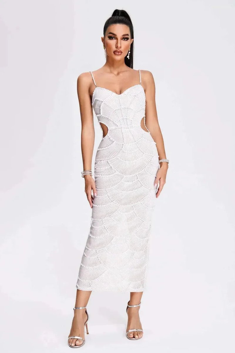 Women's White Beaded Scallop Knitted Midi Party Dress Cut-Out