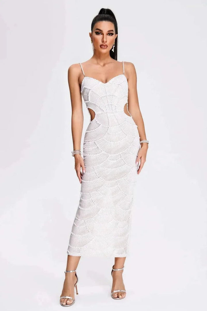 Women's White Beaded Scallop Knitted Midi Party Dress Cut-Out