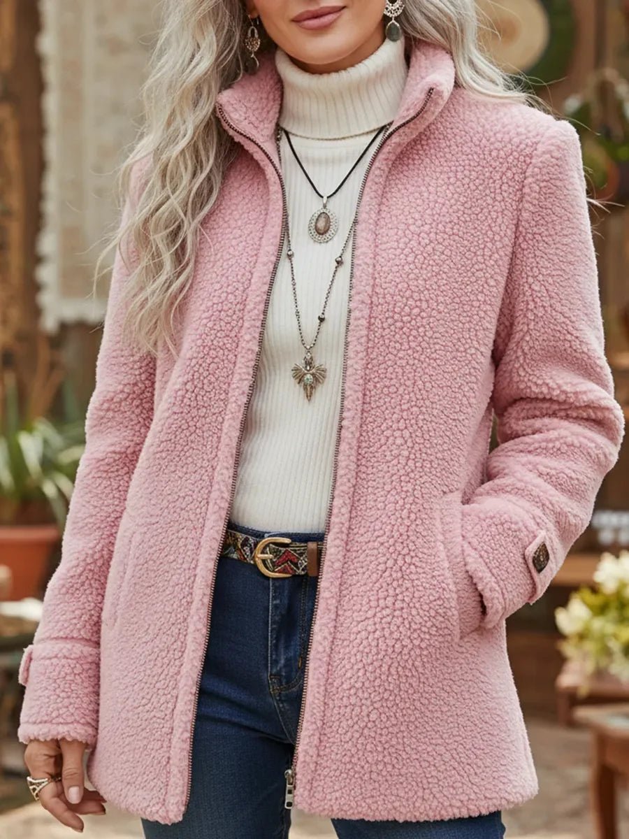 Women's Wool Coat Fleece Full-Zip Stand-Collar Teddy Jacket