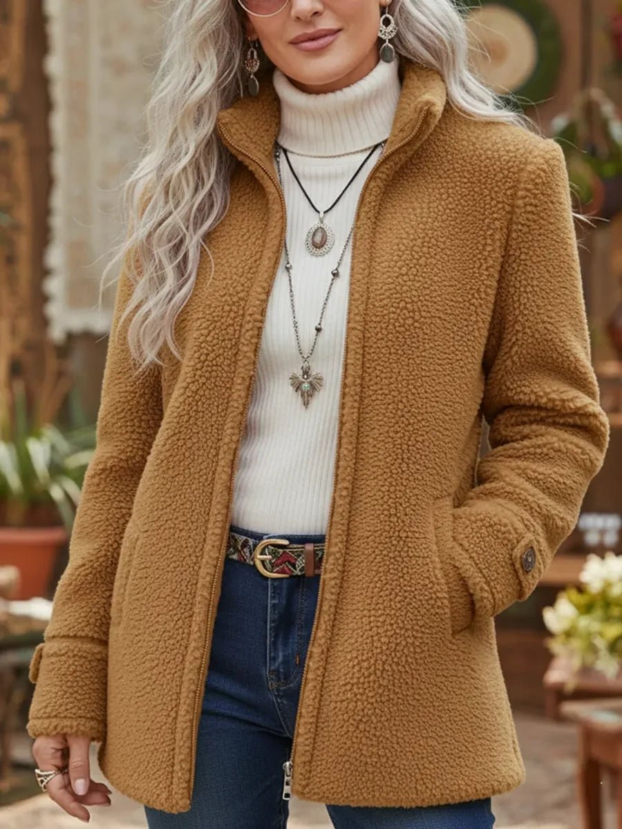 Women's Wool Coat Fleece Full-Zip Stand-Collar Teddy Jacket