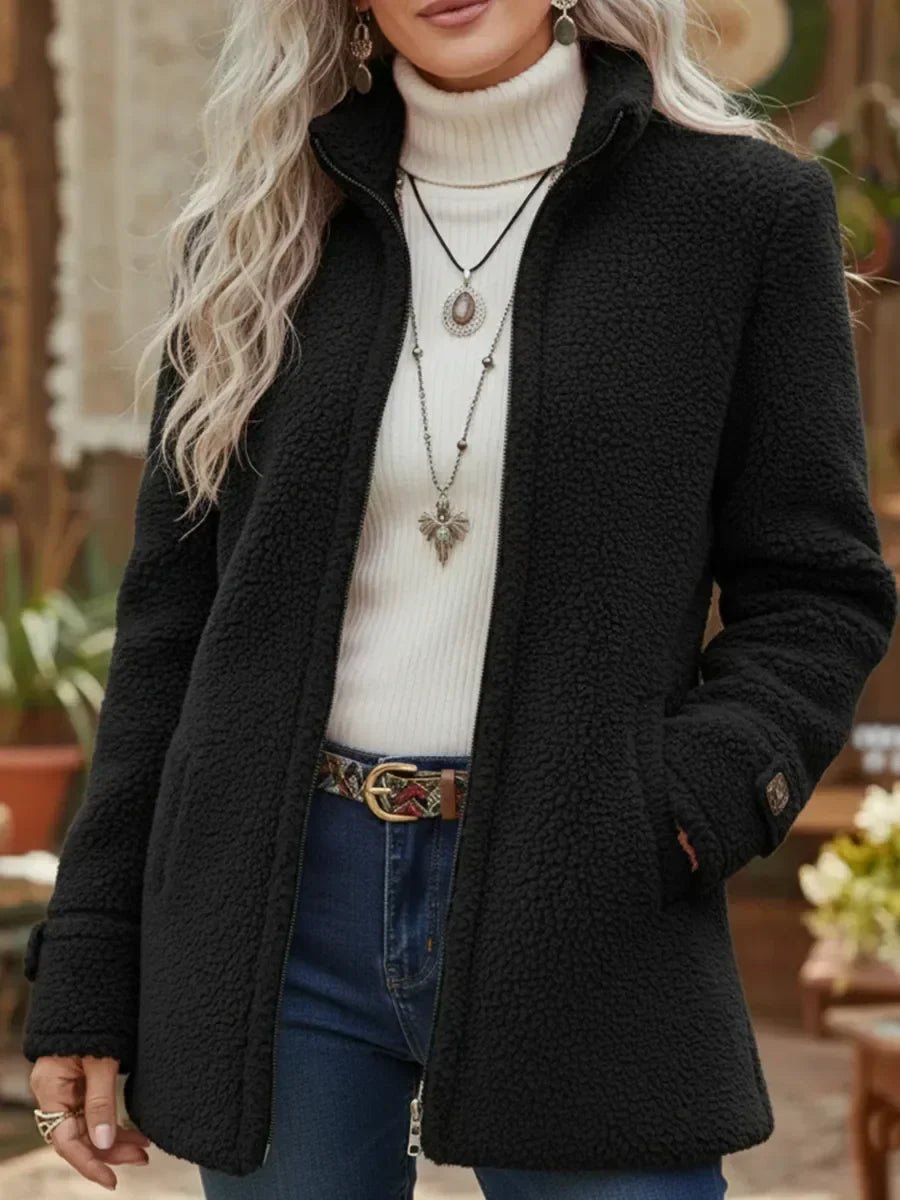 Women's Wool Coat Fleece Full-Zip Stand-Collar Teddy Jacket