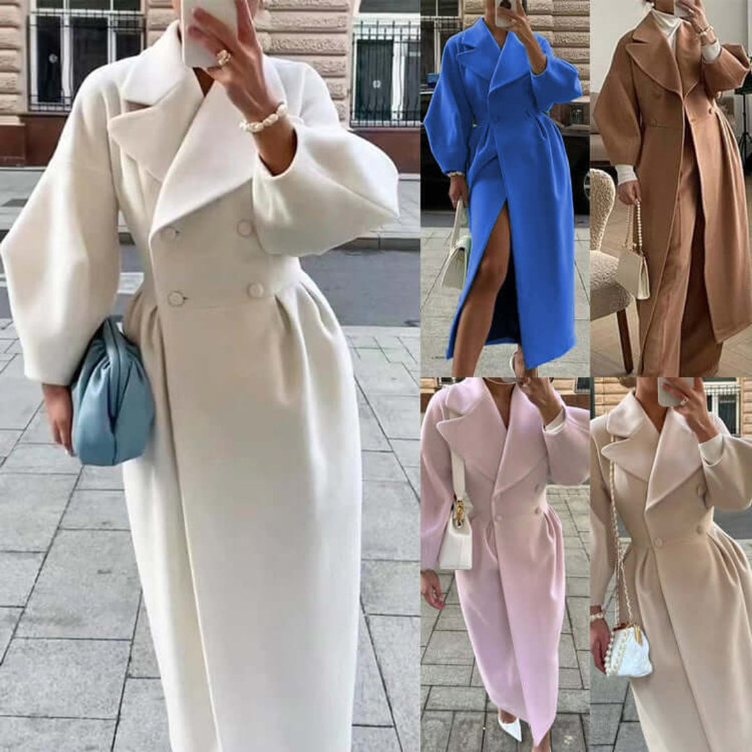 Women's Wool Coat Long Double-Breasted Lantern Sleeve Trench Coat
