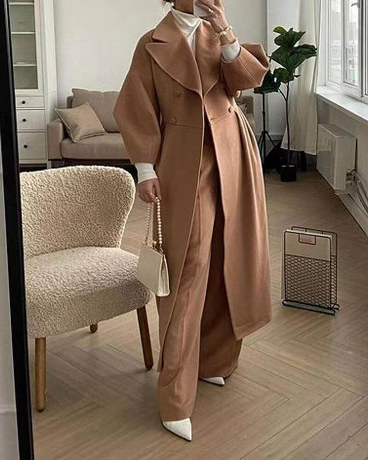 Women's Wool Coat Long Double-Breasted Lantern Sleeve Trench Coat