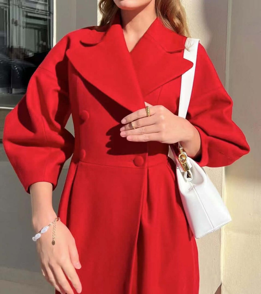 Women's Wool Coat Long Double-Breasted Lantern Sleeve Trench Coat
