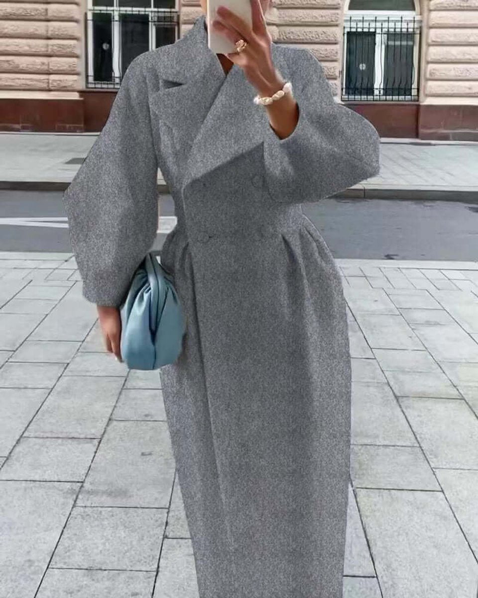 Women's Wool Coat Long Double-Breasted Lantern Sleeve Trench Coat