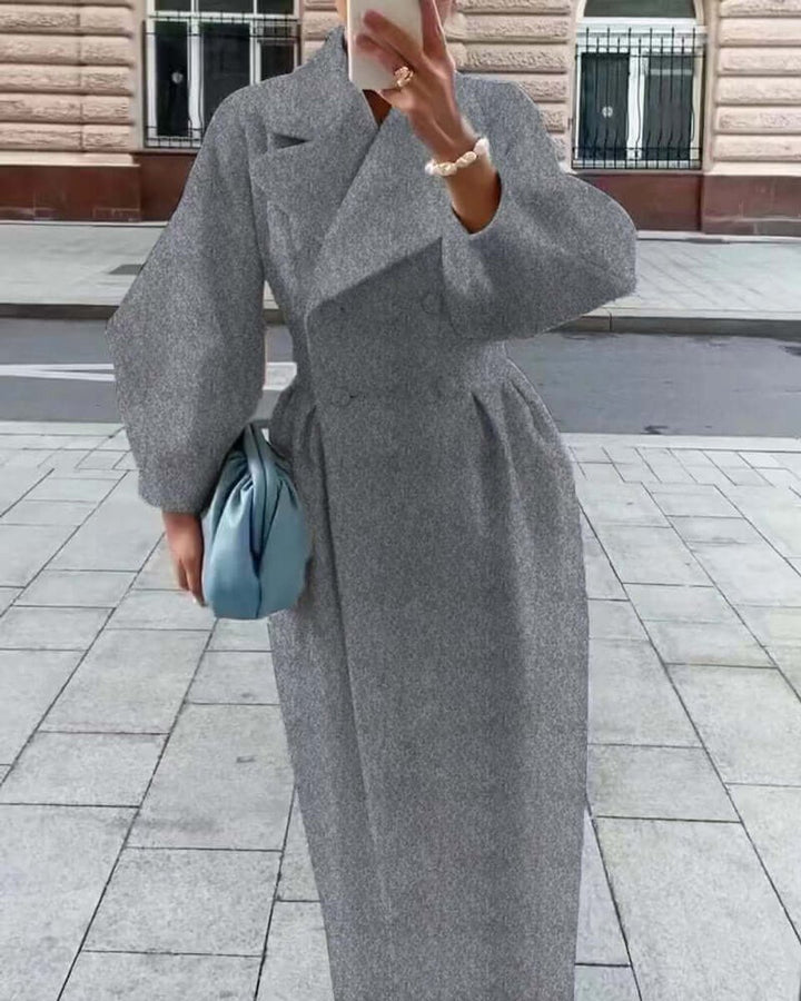 Women's Wool Coat Long Double-Breasted Lantern Sleeve Trench Coat