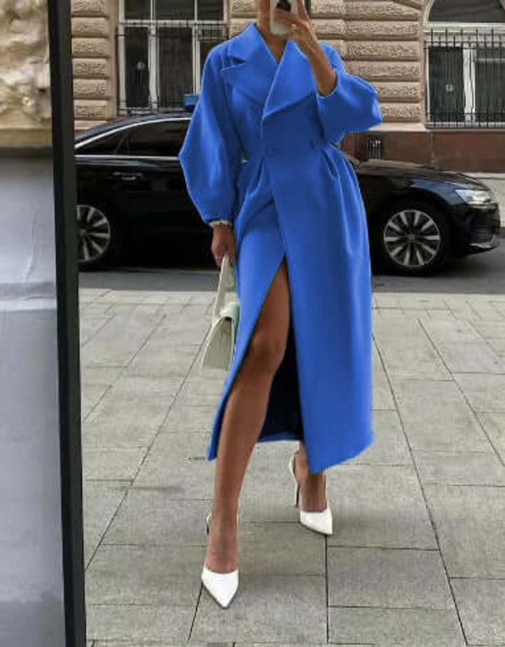 Women's Wool Coat Long Double-Breasted Lantern Sleeve Trench Coat