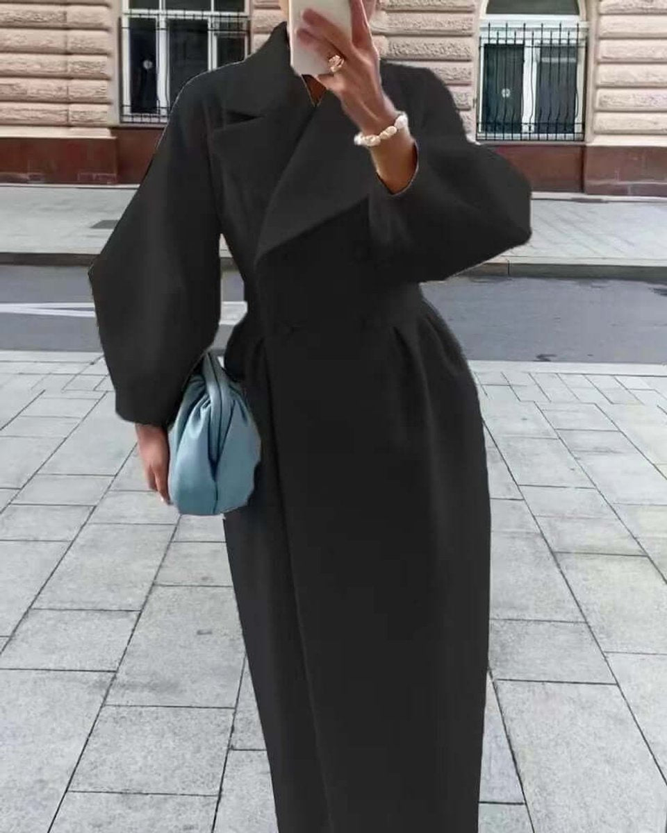 Women's Wool Coat Long Double-Breasted Lantern Sleeve Trench Coat