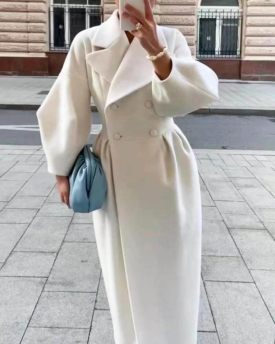 Women's Wool Coat Long Double-Breasted Lantern Sleeve Trench Coat