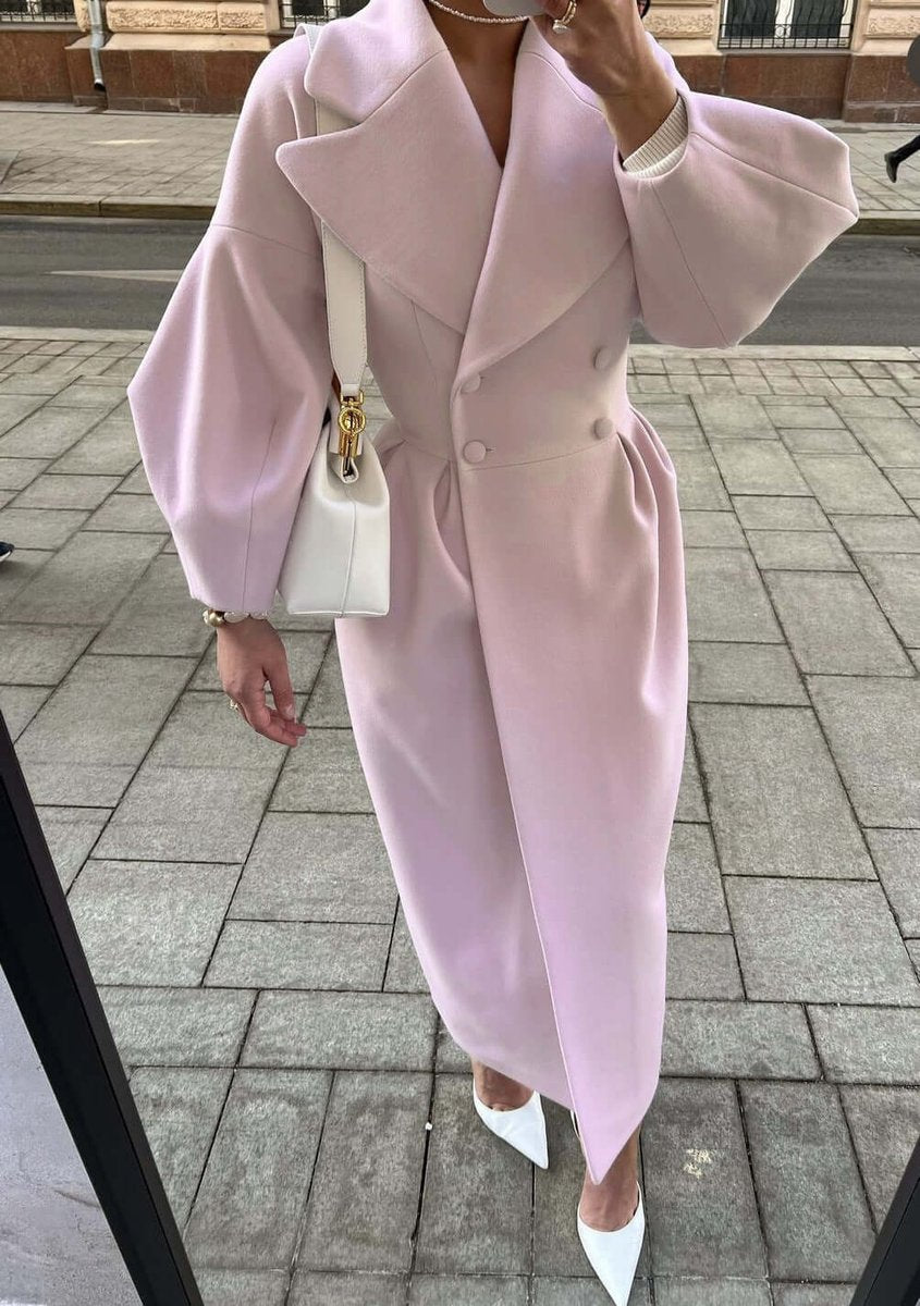 Women's Wool Coat Long Double-Breasted Lantern Sleeve Trench Coat