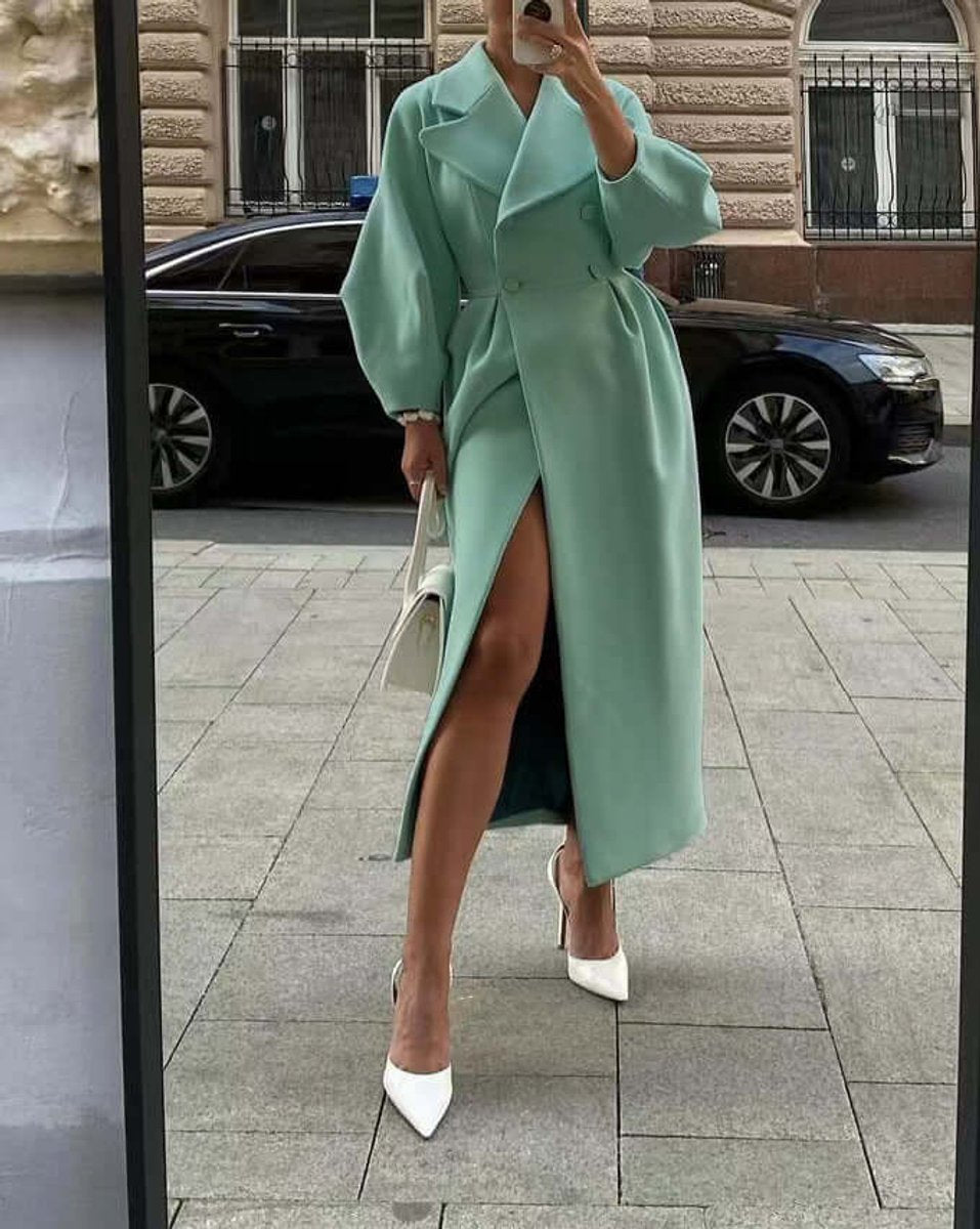 Women's Wool Coat Long Double-Breasted Lantern Sleeve Trench Coat