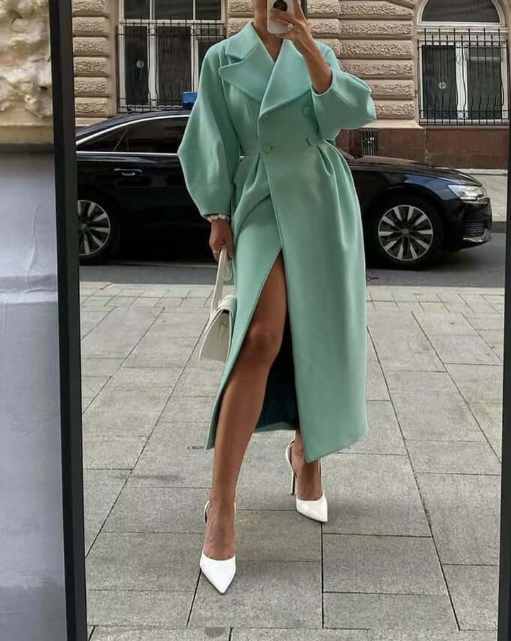Women's Wool Coat Long Double-Breasted Lantern Sleeve Trench Coat