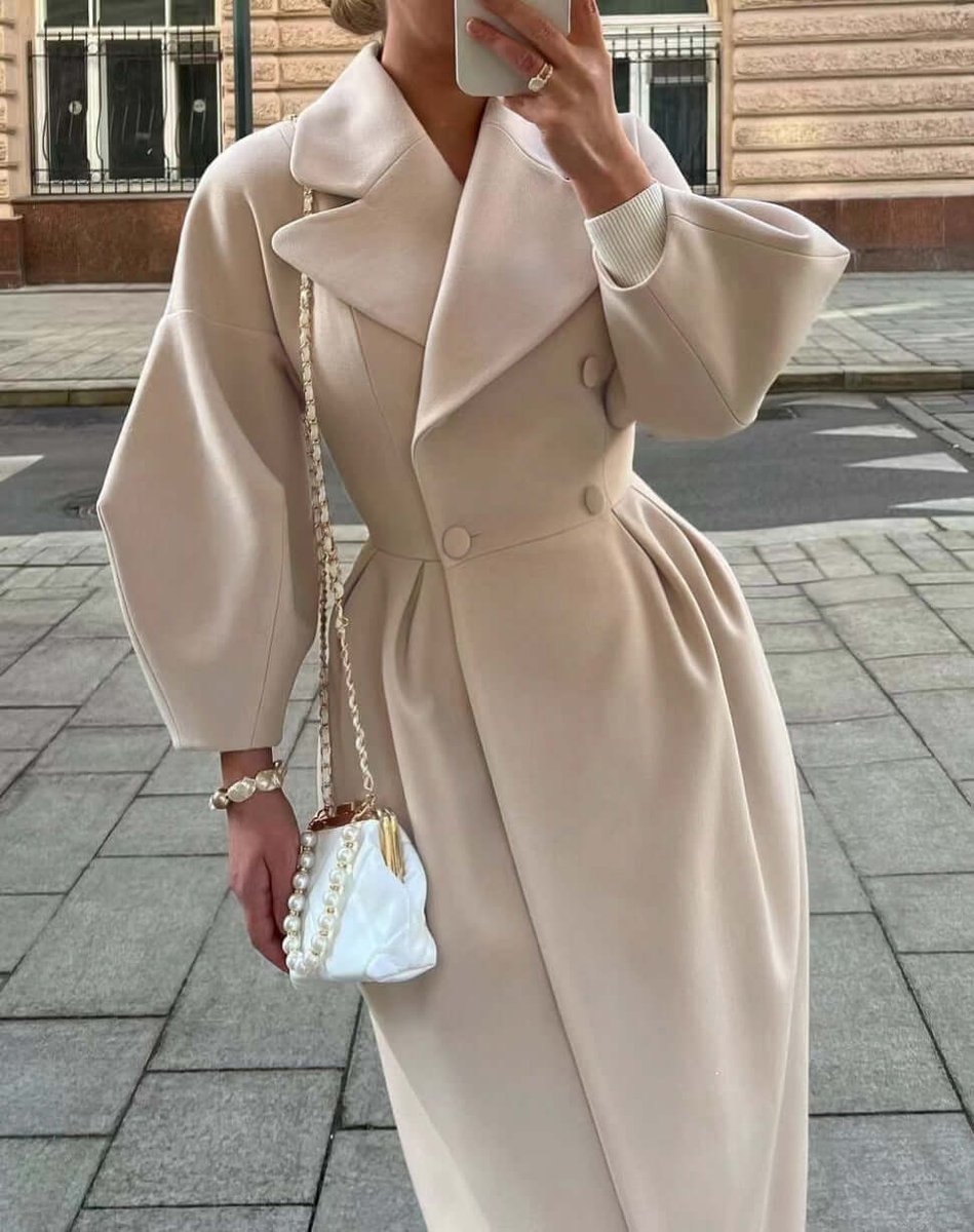 Women's Wool Coat Long Double-Breasted Lantern Sleeve Trench Coat