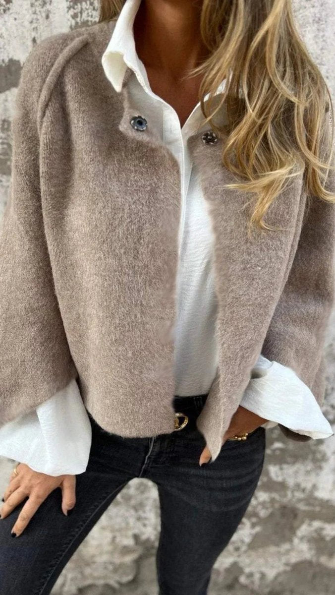 Women's Wool Coat Round-Neck Long-Sleeve Fluffy Cardigan Jacket