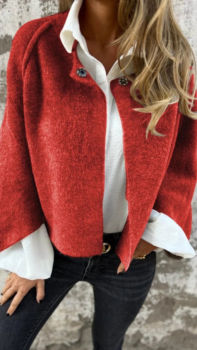 Women's Wool Coat Round-Neck Long-Sleeve Fluffy Cardigan Jacket