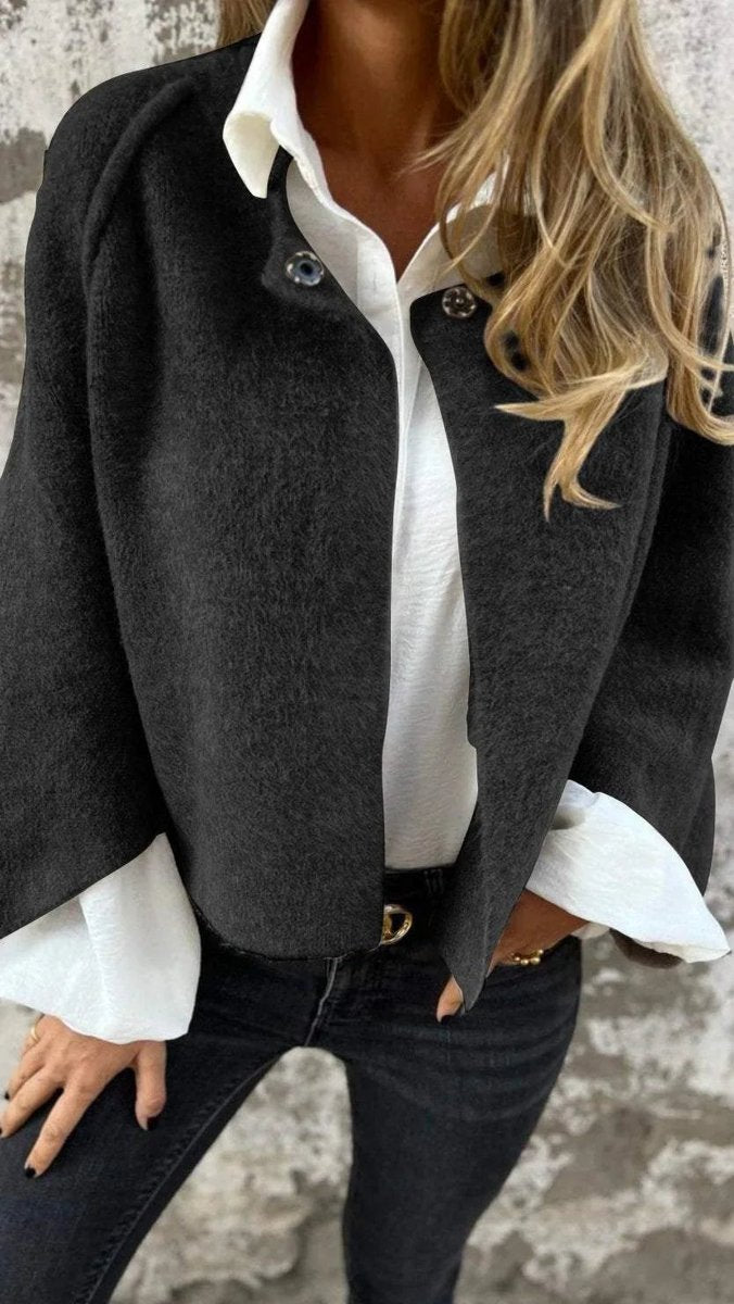Women's Wool Coat Round-Neck Long-Sleeve Fluffy Cardigan Jacket
