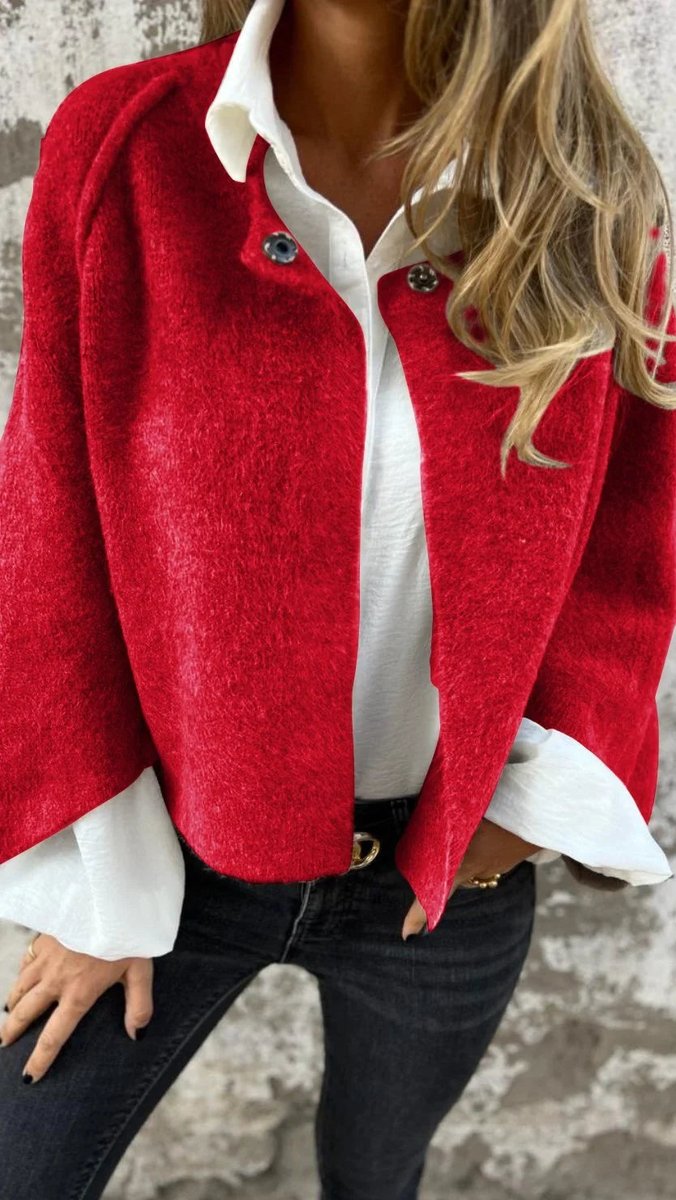 Women's Wool Coat Round-Neck Long-Sleeve Fluffy Cardigan Jacket