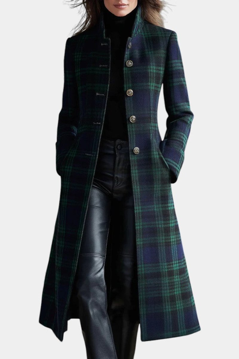 Women's Wool Coat Tartan Plaid Midi Length Structured Overcoat