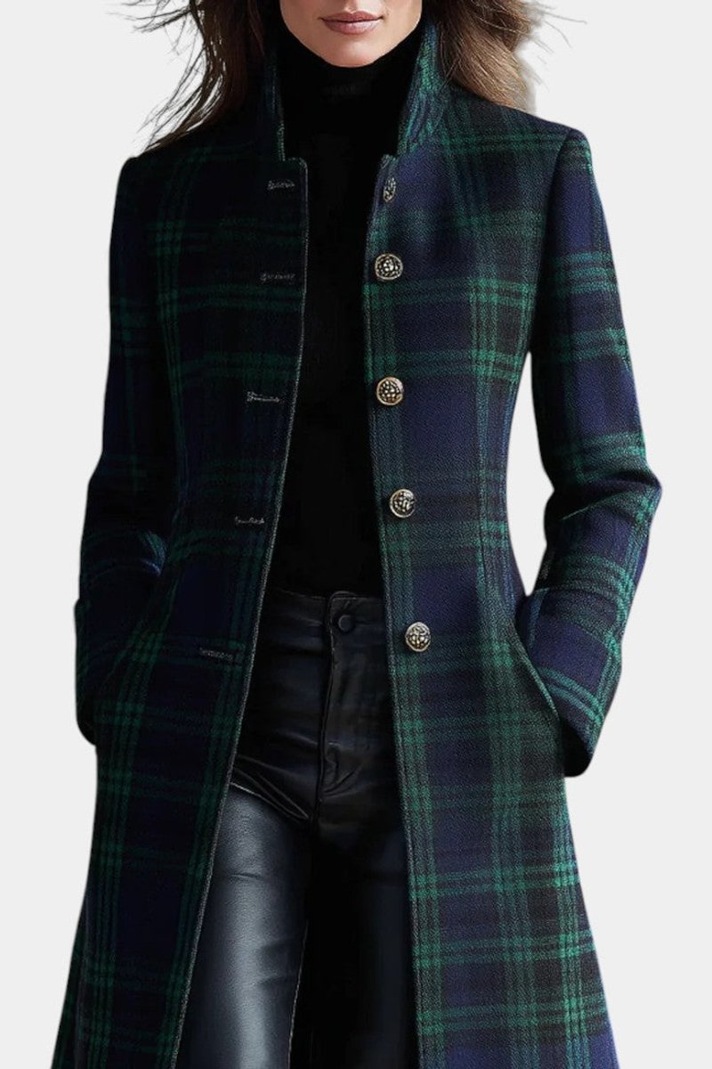 Women's Wool Coat Tartan Plaid Midi Length Structured Overcoat