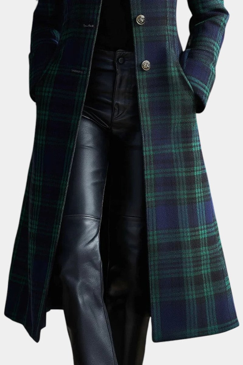 Women's Wool Coat Tartan Plaid Midi Length Structured Overcoat