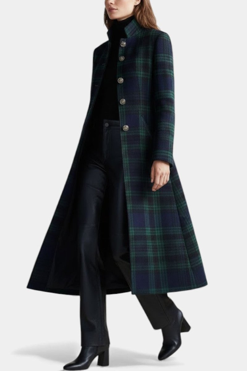 Women's Wool Coat Tartan Plaid Midi Length Structured Overcoat