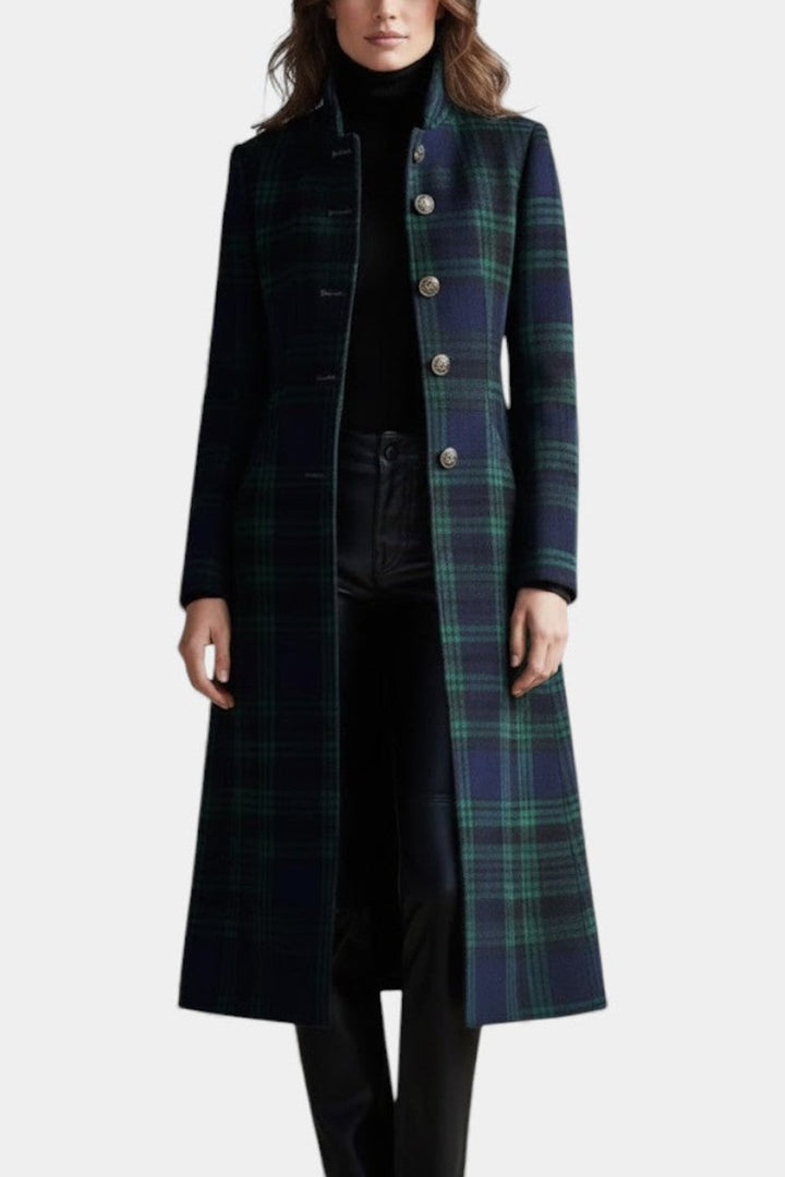 Women's Wool Coat Tartan Plaid Midi Length Structured Overcoat