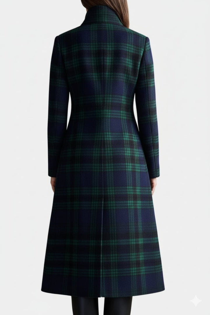 Women's Wool Coat Tartan Plaid Midi Length Structured Overcoat