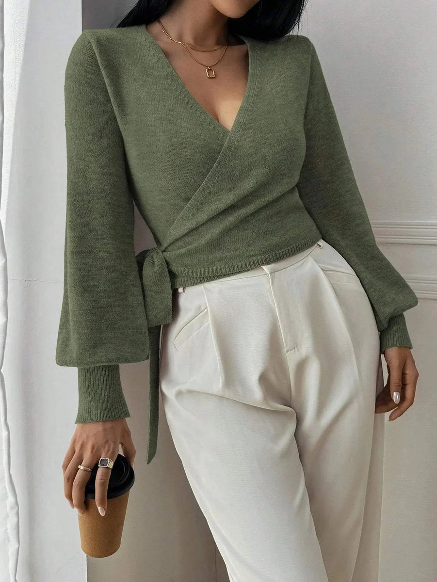 Women's Wrap Knitted Jumper Tie-Belt Long-Sleeve Cropped Cardigan