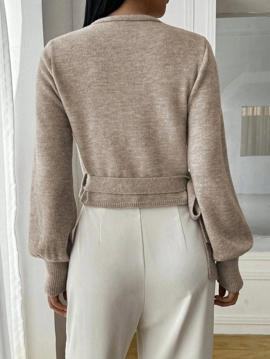 Women's Wrap Knitted Jumper Tie-Belt Long-Sleeve Cropped Cardigan