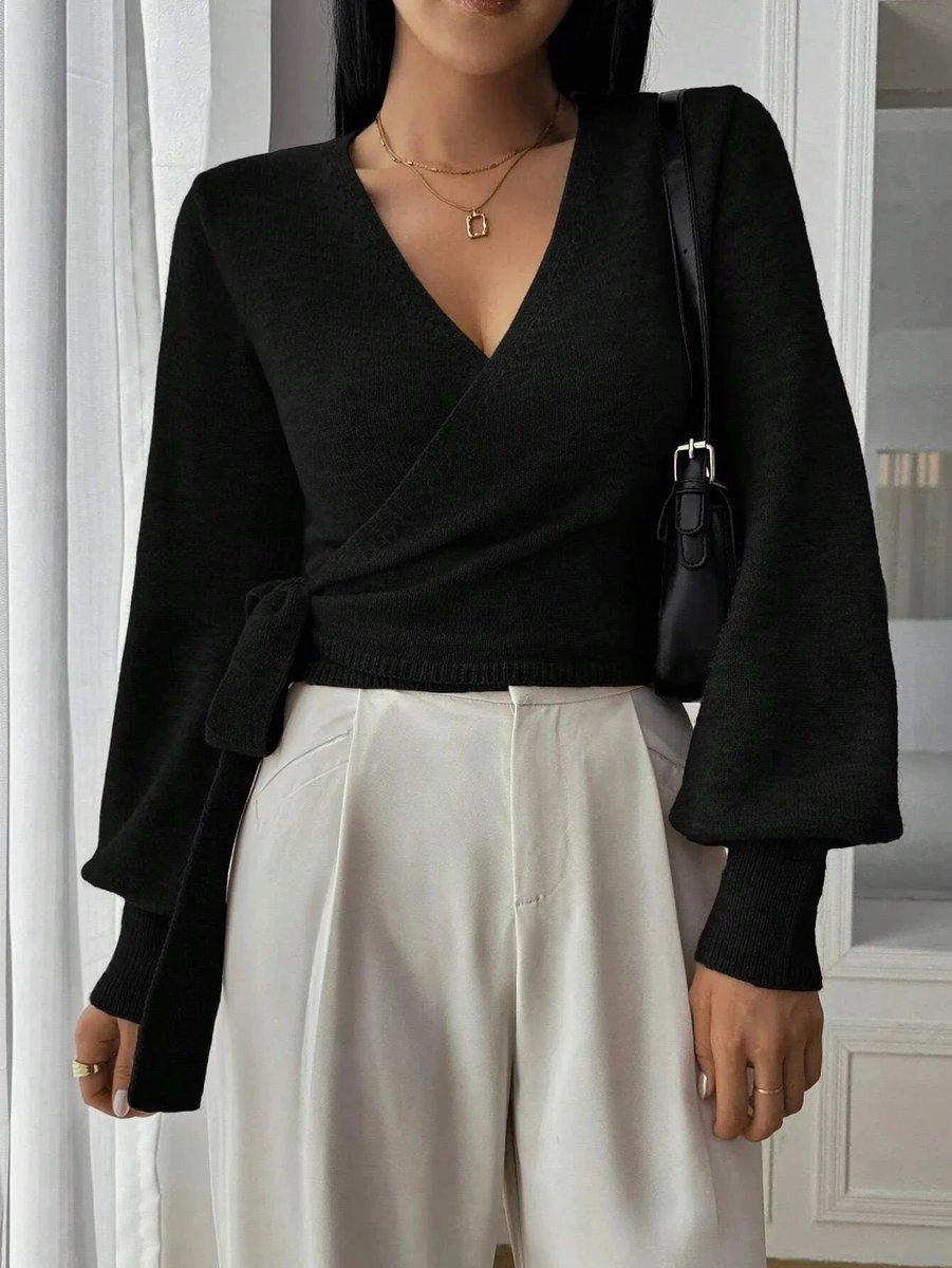 Women's Wrap Knitted Jumper Tie-Belt Long-Sleeve Cropped Cardigan