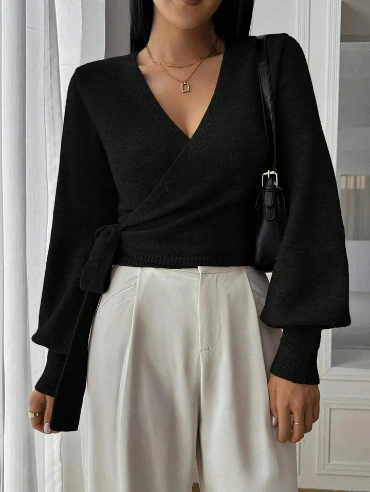 Women's Wrap Knitted Jumper Tie-Belt Long-Sleeve Cropped Cardigan