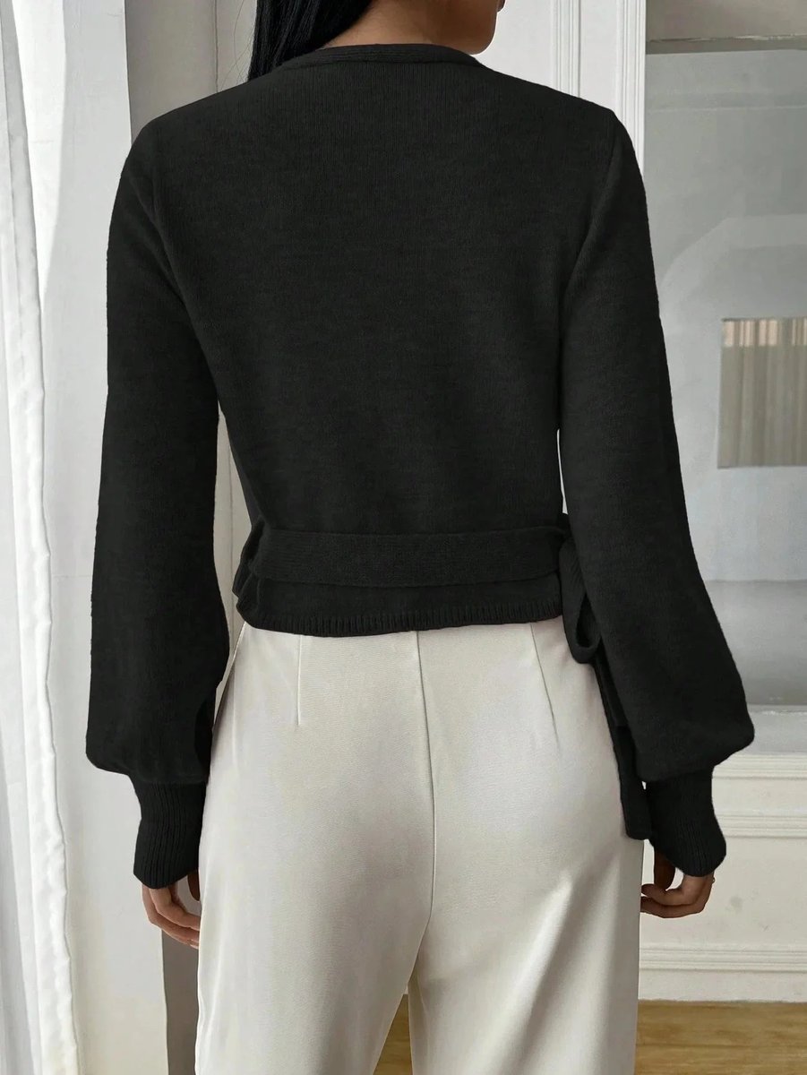 Women's Wrap Knitted Jumper Tie-Belt Long-Sleeve Cropped Cardigan