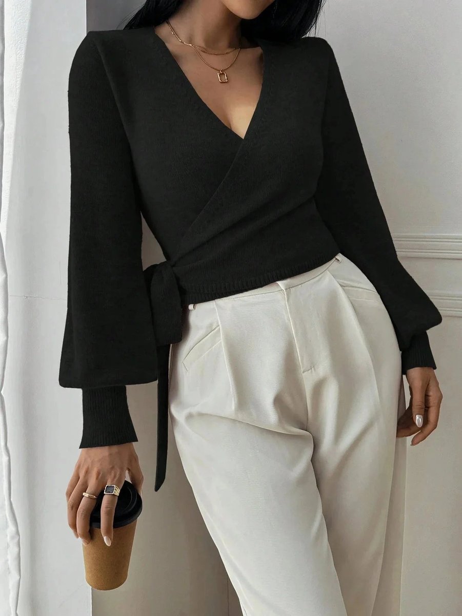 Women's Wrap Knitted Jumper Tie-Belt Long-Sleeve Cropped Cardigan