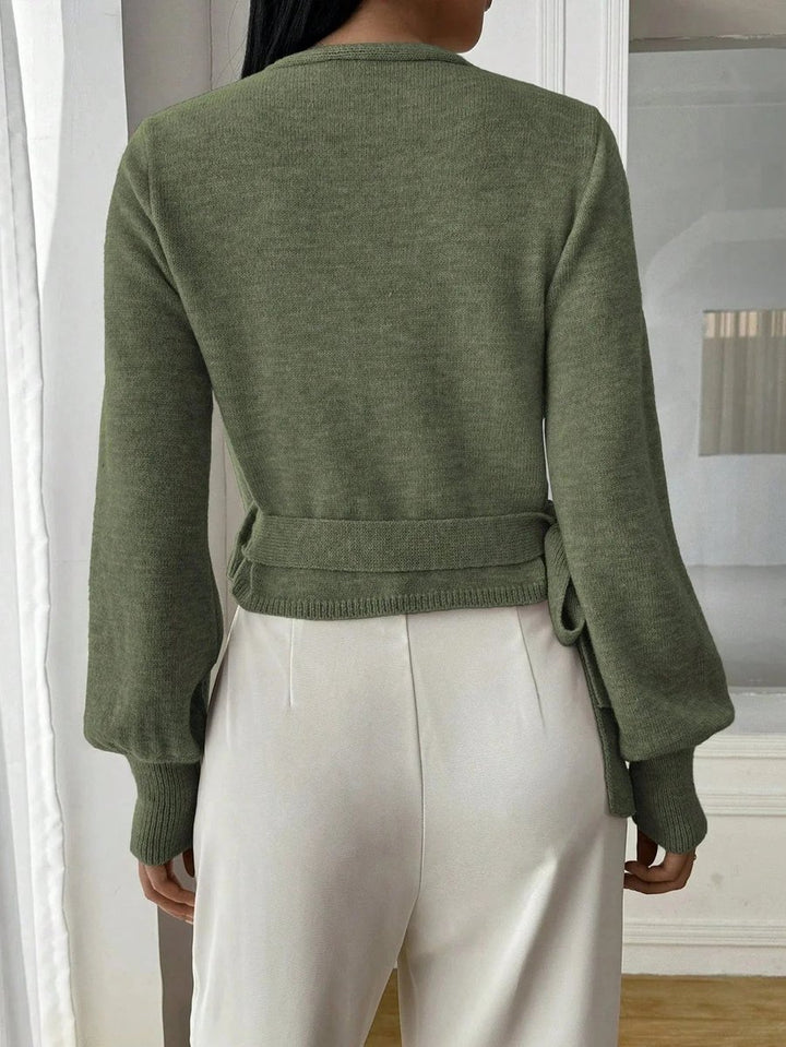 Women's Wrap Knitted Jumper Tie-Belt Long-Sleeve Cropped Cardigan