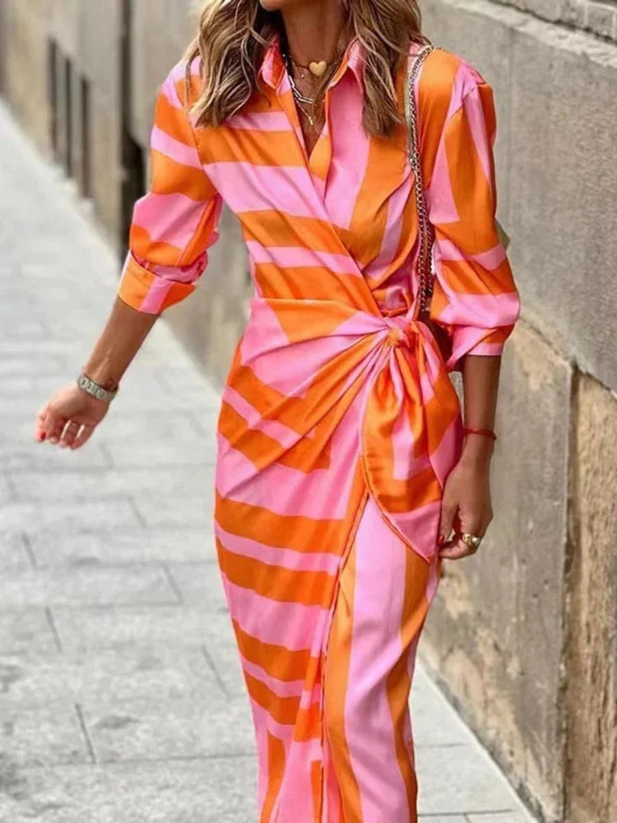 Women's Wrap Midi Everyday Day Dress Long Sleeve Striped