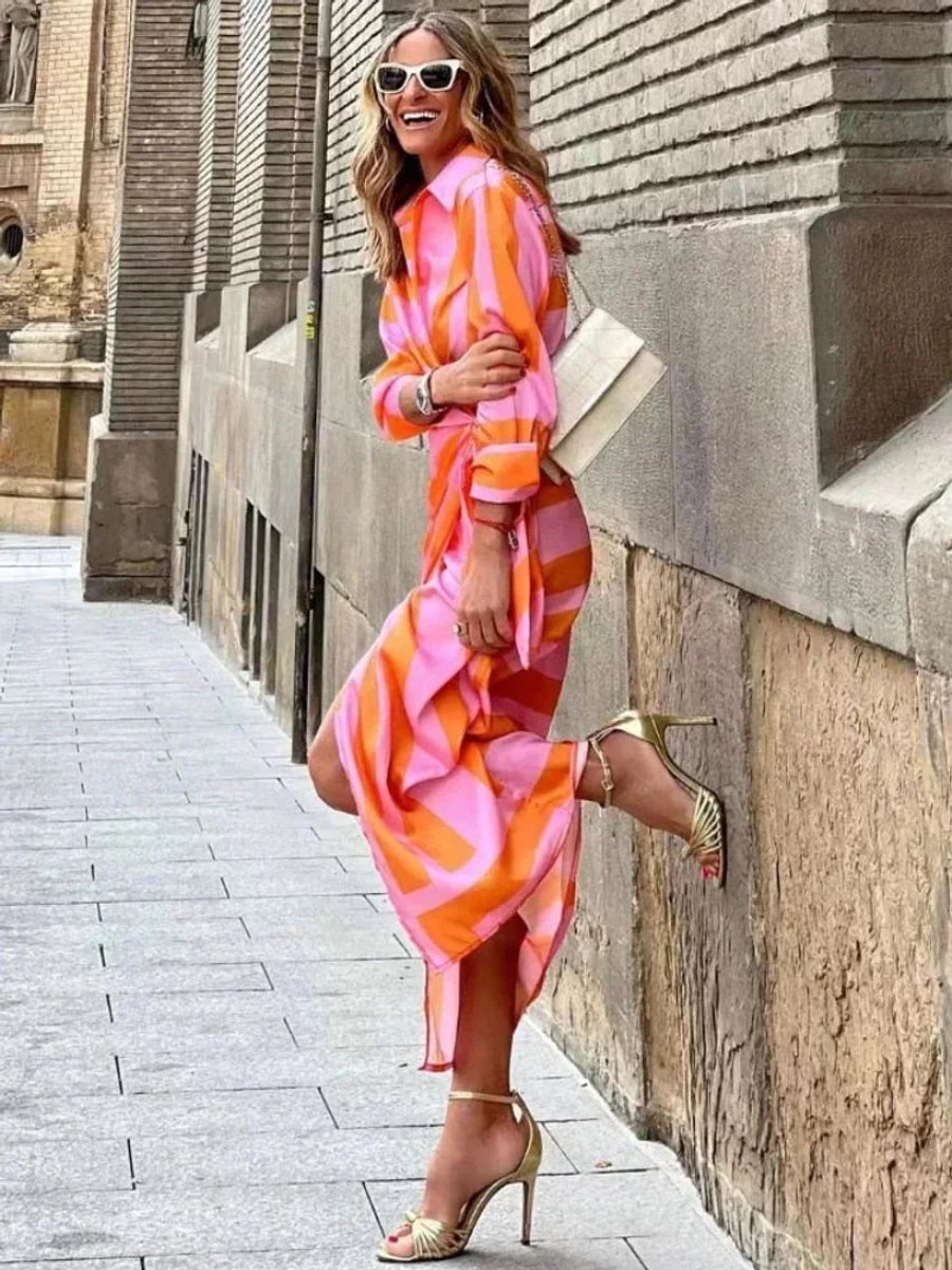Women's Wrap Midi Everyday Day Dress Long Sleeve Striped
