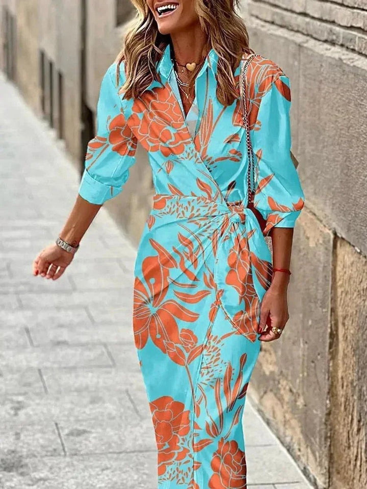 Women's Wrap Midi Everyday Day Dress Long Sleeve Striped