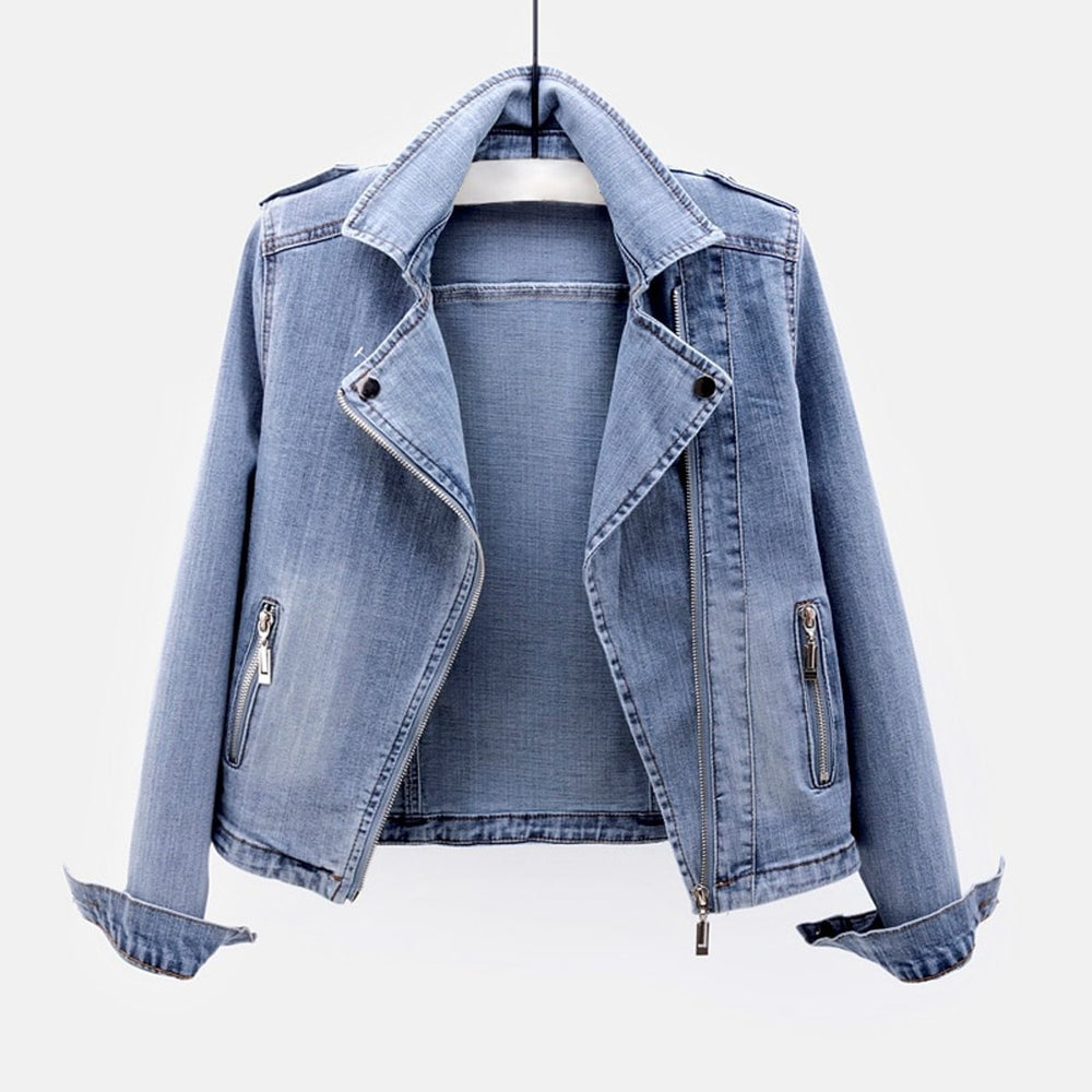 Women's Zip-Up Denim Biker Jacket Coat Tailored Fit Zipper Pockets