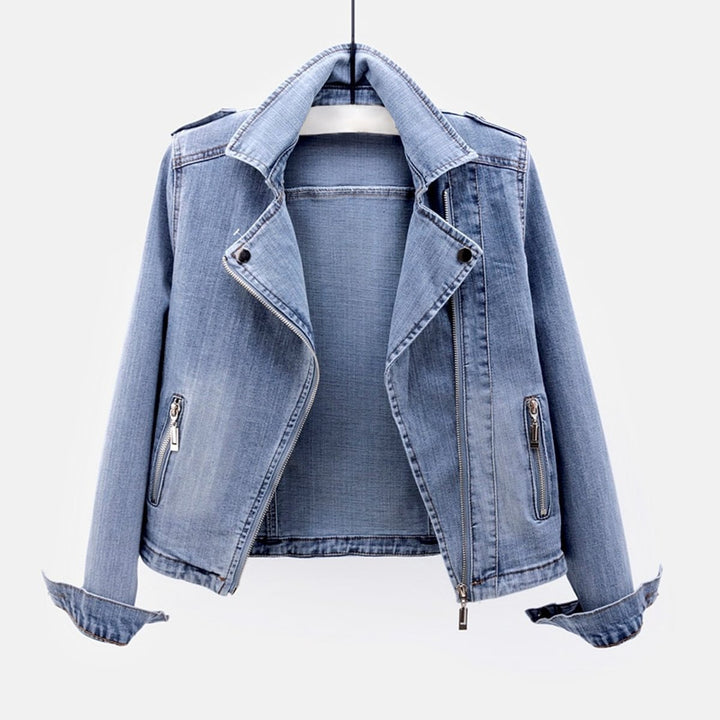 Women's Zip-Up Denim Biker Jacket Coat Tailored Fit Zipper Pockets