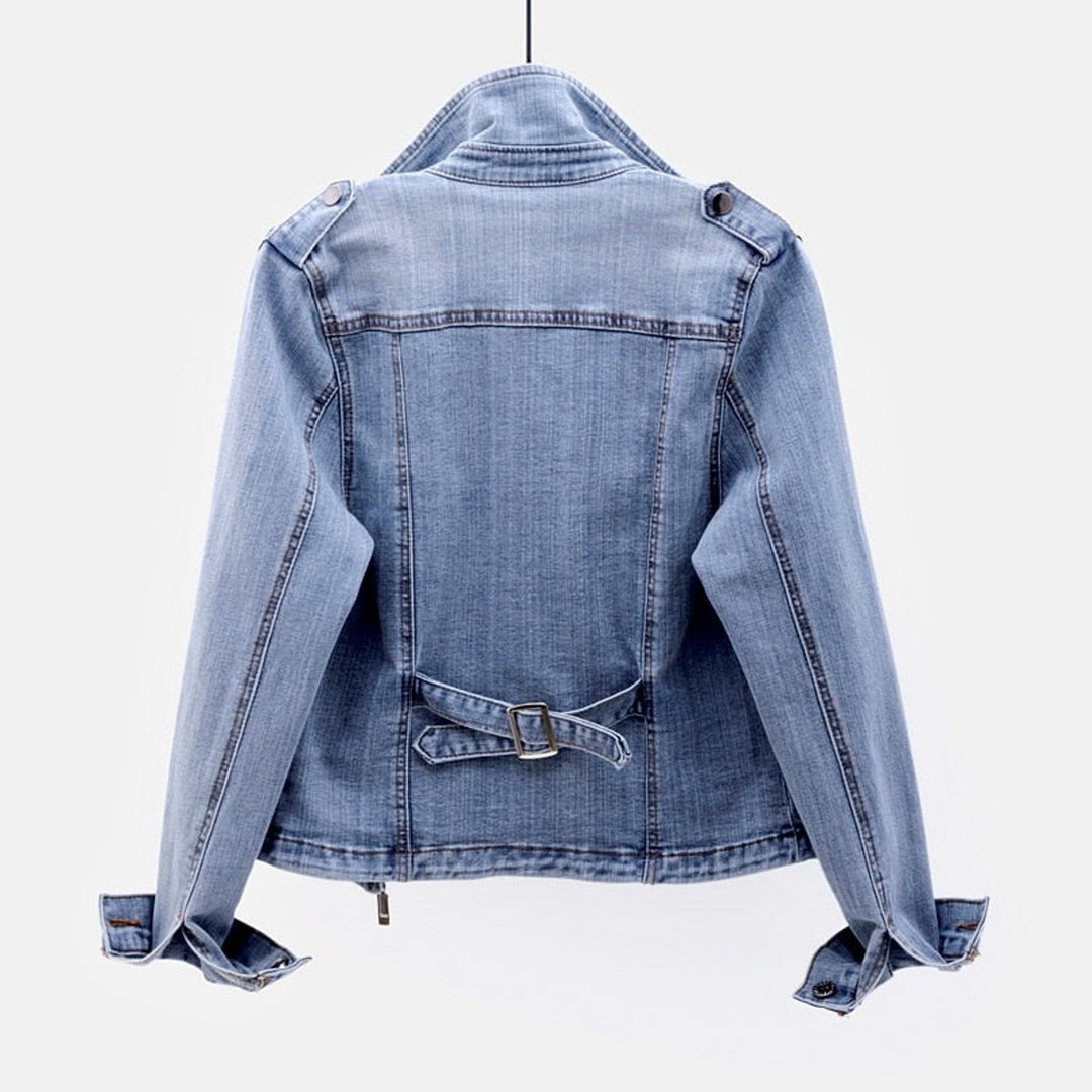 Women's Zip-Up Denim Biker Jacket Coat Tailored Fit Zipper Pockets