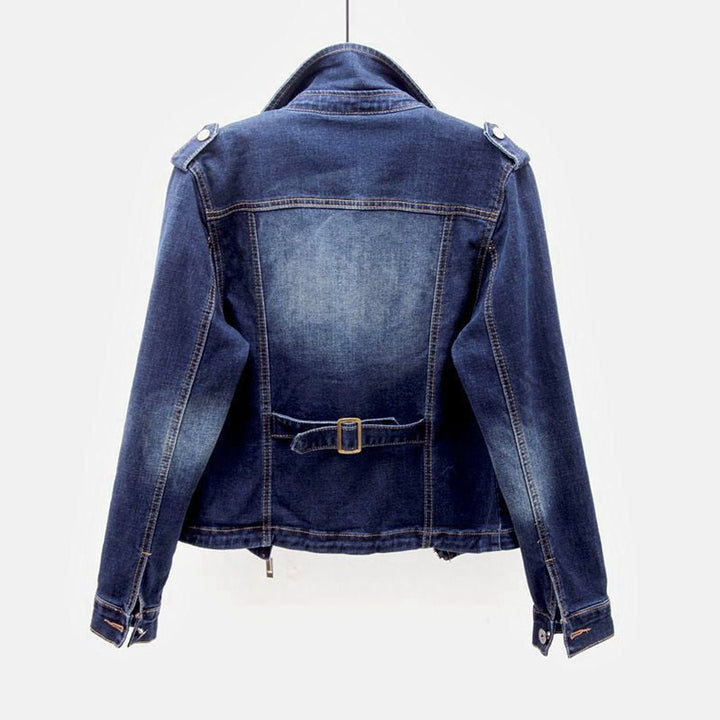 Women's Zip-Up Denim Biker Jacket Coat Tailored Fit Zipper Pockets