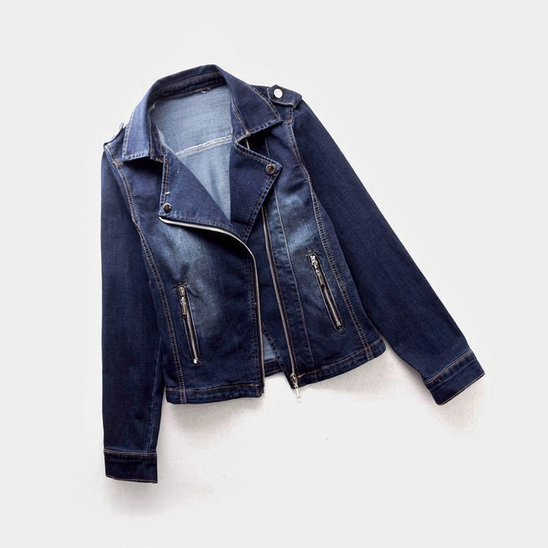 Women's Zip-Up Denim Biker Jacket Coat Tailored Fit Zipper Pockets