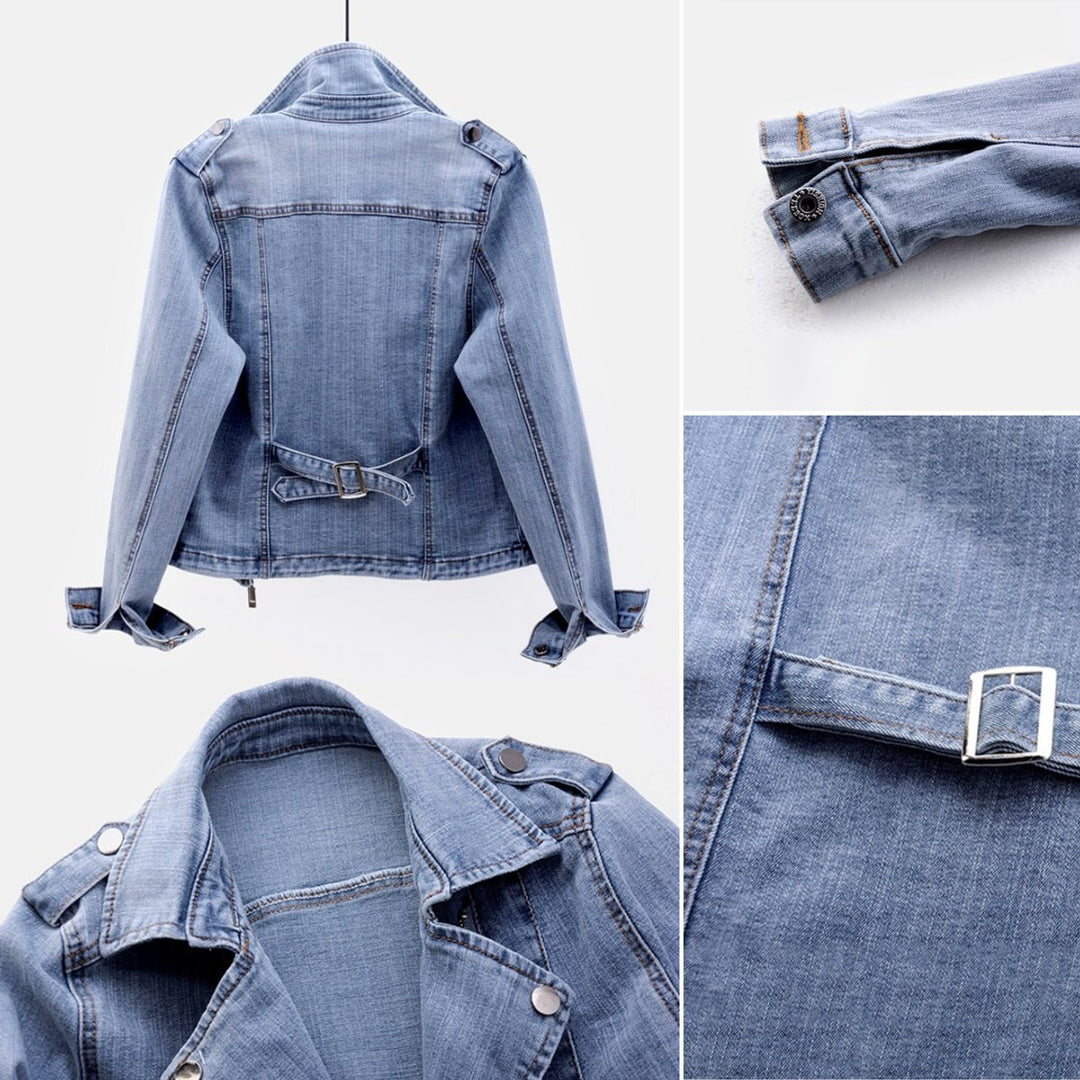 Women's Zip-Up Denim Biker Jacket Coat Tailored Fit Zipper Pockets